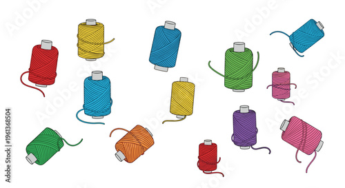 Numerous colorful thread spools in various hues are scattered across a plain white background.