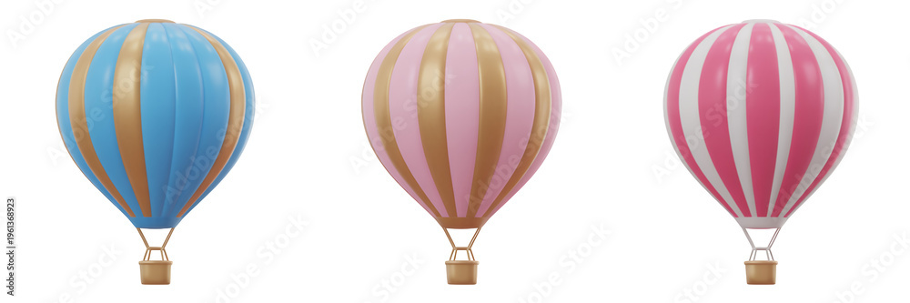 Fototapeta premium Shiny hot air balloons in blue, pink, and red on black shiny balloons isolated on a transparent background