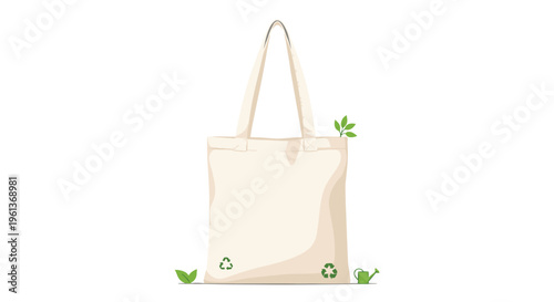 A beige reusable tote bag with green recycling symbols and leaves stands upright against a white background.
