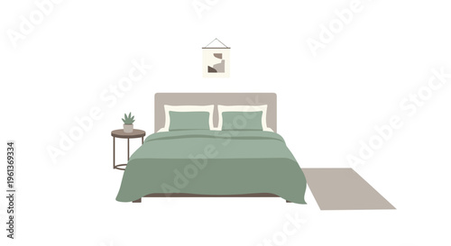 A minimalist bedroom features a bed with green bedding, a side table, and a framed picture on a white wall.