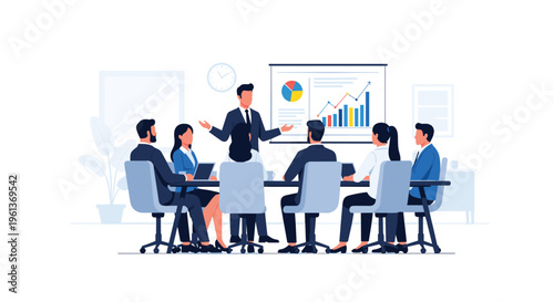 Seven business professionals are attending a presentation in a modern office conference room.