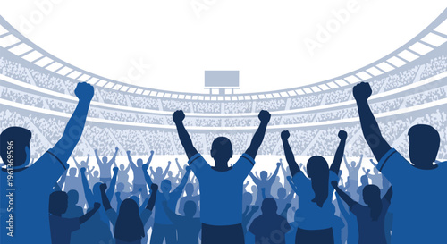 A large crowd of cheering people with raised fists is seen in silhouette from behind in a stadium.