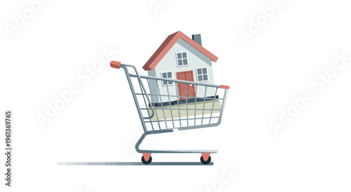 House in shopping cart symbolizes purchasing new home. Ideal for real estate, home buying, mortgage, moving, housing concepts.