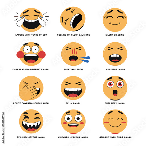 Set of various laughing emojis with different facial expressions and emotions