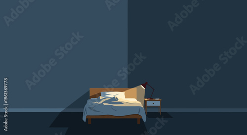Warmly lit bedroom with a cozy bed and nightstand. Ideal for interior design concepts, home decor blogs, or sleep product advertisements.