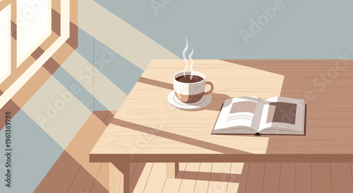 Window sunlight illuminates coffee book and wooden table, ideal for interior design blogs, home decor websites, or lifestyle magazines.