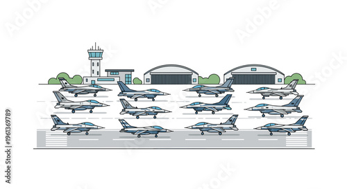An air force base with an air traffic control tower, two hangars, and fifteen fighter jets parked on the tarmac is illustrated.