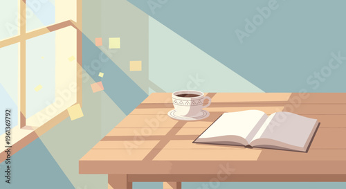 Warm natural light falls on coffee and books at a cozy wooden table. Ideal for promoting relaxation, reading, and coffee themes.