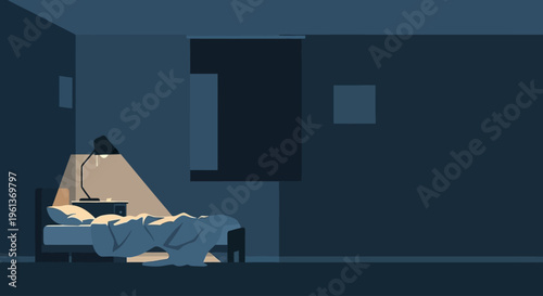 Dark blue room with bed, lamp, and window. Suitable for interior design, home decor, or hotel marketing materials.