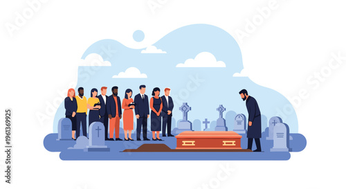 A diverse group of mourners stands solemnly around a brown coffin in an open grave within a graveyard filled with tombstones under a blue sky.