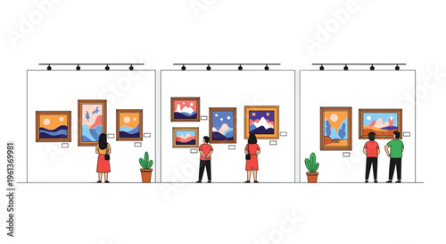 Various individuals are depicted viewing multiple framed paintings in three distinct sections of a modern art gallery with white walls and potted plants.