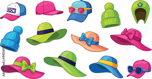 Bright and Colorful Hat Icon Set Featuring Caps, Beanies, Sun Hats, and Bow-Tied Accessories for Kids and Summer Designs