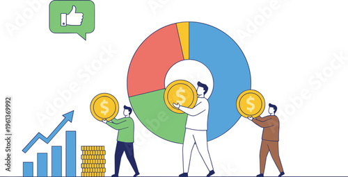 Investors holding gold coins standing in front of large pie chart and growth graph for financial success and profit.