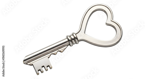 Silver heart shaped key isolated on transparent background for love and relationship concepts