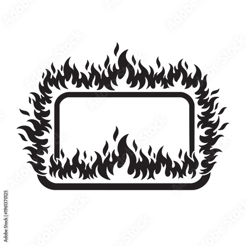 Burning fire flames engulf a rectangular border on a white background as illustration.