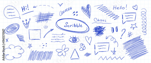 Scribble doodle set on notebook paper. Hand drawn blue ink elements for design. Speech bubbles, arrows, hearts and shapes. Vector illustration for creative projects.