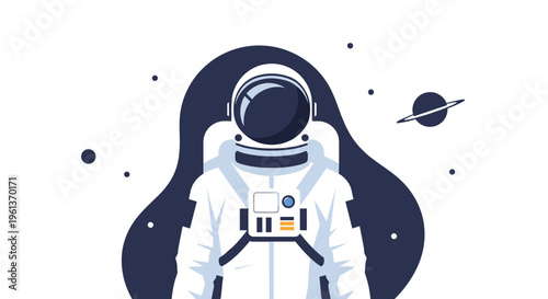 An astronaut in a white spacesuit stands against a dark blue cosmic shape with stars and a ringed planet on a white background.
