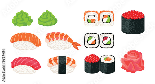 A colorful variety of sushi, including nigiri and maki rolls, along with wasabi and ginger, is displayed on a white surface.