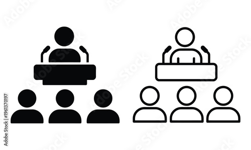 Conference icon, public speaking seminar symbol with presenter and audience, business meeting concept, lecture stage illustration, communication and training element, minimal flat design, vector 
