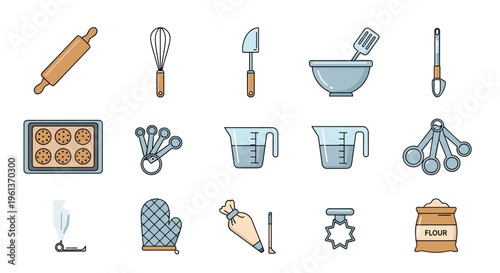 Various baking and cooking tools are neatly organized in rows on a clean white surface.