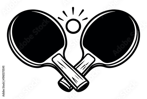 Two crossed table tennis rackets with a ball bouncing above, representing a sport emblem or club logo in black and white