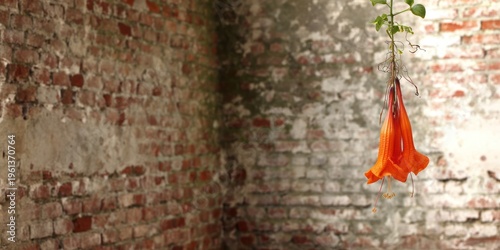 An orange, trumpet-shaped bloom hangs from a vine against a weathered brick wall
