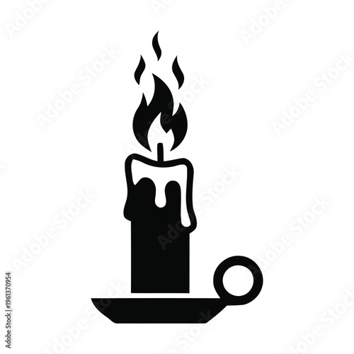 Burning Candle Silhouette Icon - Lit Wax Candle with Dripping Wax in Traditional Holder Vector