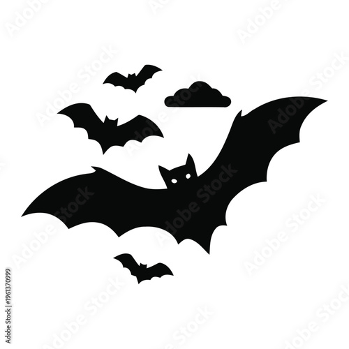 Flying Bats Silhouette Set - Spooky Bat Colony with Clouds Vector for Halloween