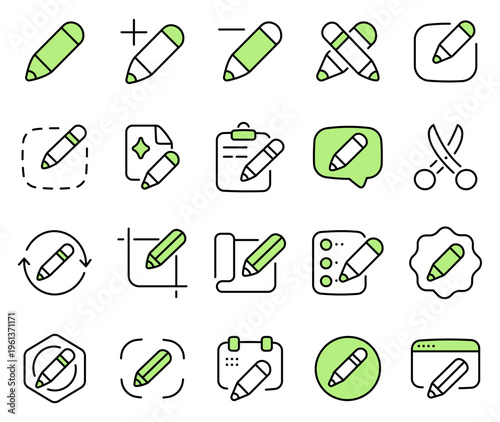 Editing correcting icon set featuring pencil eraser scissors crop resize selection duplicate creation note tablet browser calendar signature award