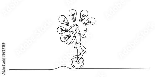 A person riding a unicycle while skillfully juggling multiple glowing lightbulbs in the air as a metaphor for creative balance and innovation in daily life and business strategy where the continuous m