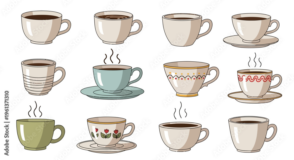 Obraz premium A collection of colorful teacups and coffee cups with steam