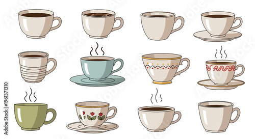 A collection of colorful teacups and coffee cups with steam
