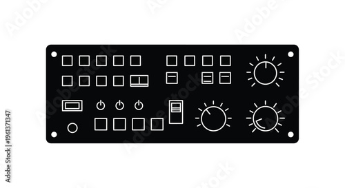 Black control panel with buttons switches and rotary knobs illustration
