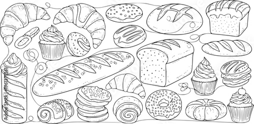 Bakery products in continuous line art drawing style. Black line sketch on white background. Vector illustration
