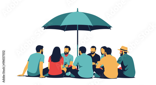 A group of people sit together under the protection of a large umbrella