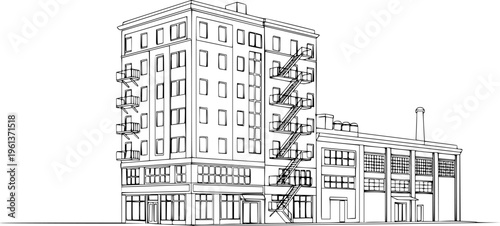 Multi- storey apartment building, office center or industrial building in continuous line art drawing style. Black linear sketch isolated on white background. Vector illustration See Less
