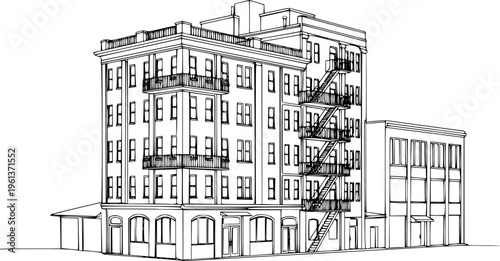 Multi- storey apartment building, office center or industrial building in continuous line art drawing style. Black linear sketch isolated on white background. Vector illustration See Less
