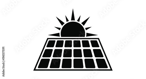 Black silhouette of a solar panel with a rising sun above