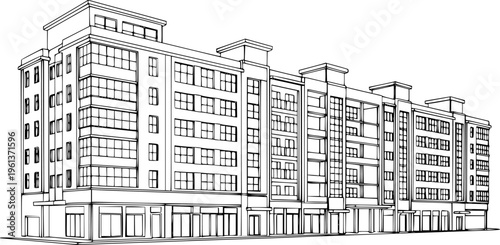 Multi- storey apartment building, office center or industrial building in continuous line art drawing style. Black linear sketch isolated on white background. Vector illustration See Less
