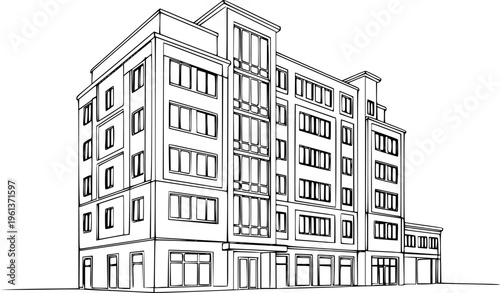 Multi- storey apartment building, office center or industrial building in continuous line art drawing style. Black linear sketch isolated on white background. Vector illustration See Less
