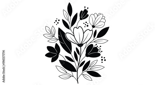 Elegant black and white botanical illustration of stylized flowers and leaves
