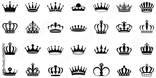 Crown Icon Vector Set with Classic Royal King and Queen Symbols, Modern Minimalist Tiara and Coronet Designs for Luxury Branding, Logo Design, Fashion, Jewelry and Premium Graphics