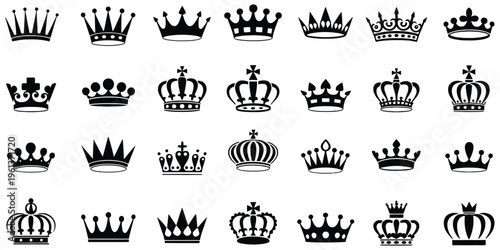 Crown Icon Vector Set with Classic Royal King and Queen Symbols, Modern Minimalist Tiara and Coronet Designs for Luxury Branding, Logo Design, Fashion, Jewelry and Premium Graphics