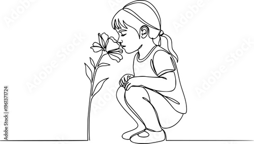 Child smelling flower in continuous line art drawing style. Small girl squatted down to sniff the fragrant flower. Black linear sketch isolated on white background. Vector illustration