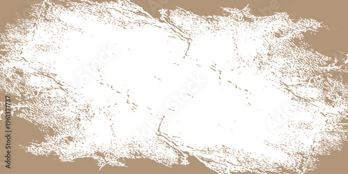 distressed white paint brush stroke on brown kraft paper background with grunge texture and rough weathered edges