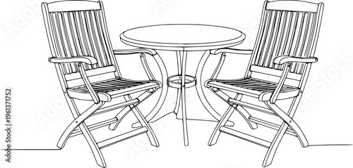 Garden chairs and table in continuous line art drawing style. Classic style dining room furniture black linear sketch isolated on white background. Vector illustration