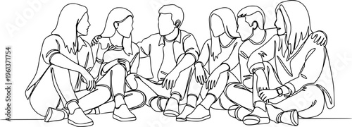 Group of young people sitting on ground together and talking. Friends rest and communicate. Continuous line art drawing style. Minimalist black linear sketch on white background. Vector illustration