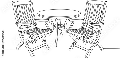 Garden chairs and table in continuous line art drawing style. Classic style dining room furniture black linear sketch isolated on white background. Vector illustration