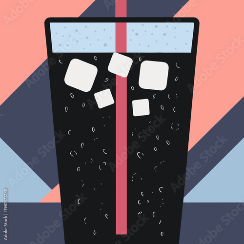 Stylized vector illustration of a cold dark soda glass filled with refreshing ice cubes and a red straw against a geometric colorful background perfect for summer beverage promotions.
