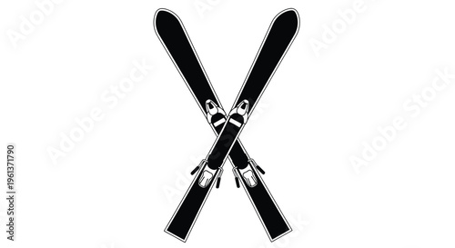 Two black skis crossed creating an x shape against white background